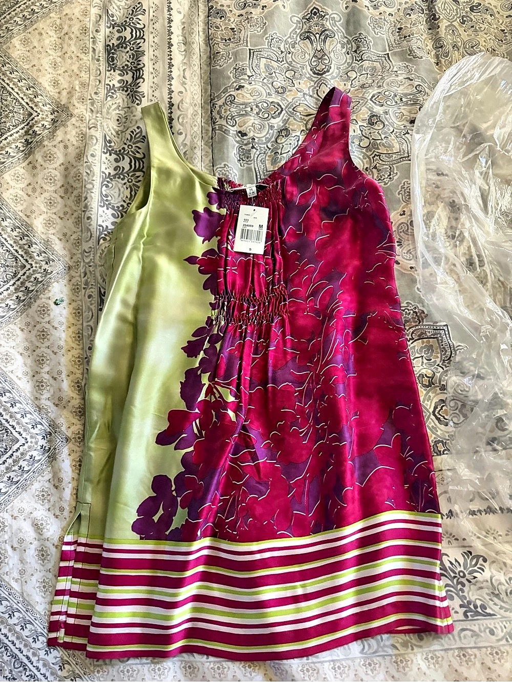 Tunic Style 103 Floral Silk Mini Dress in Pink & Green Size Medium NWT